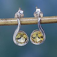 Citrine drop earrings, 'Golden Droplet' - Women's Citrine Earrings Sterling Silver Jewelry from India