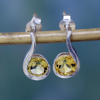Citrine drop earrings, 'Golden Droplet' - Women's Citrine Earrings Sterling Silver Jewellery from India