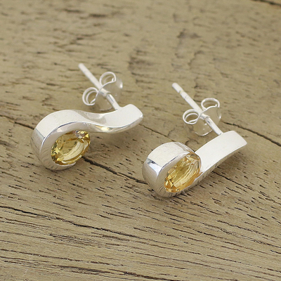 Citrine drop earrings, 'Golden Droplet' - Women's Citrine Earrings Sterling Silver Jewellery from India