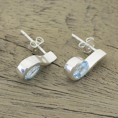 Blue topaz drop earrings, 'Sky Droplet' - Blue Topaz Earrings in Sterling Silver Modern Jewelry