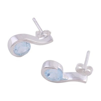 Blue topaz drop earrings, 'Sky Droplet' - Blue Topaz Earrings in Sterling Silver Modern Jewelry