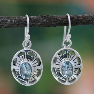 Blue topaz dangle earrings, 'Sky Halo' - Blue topaz dangle earrings