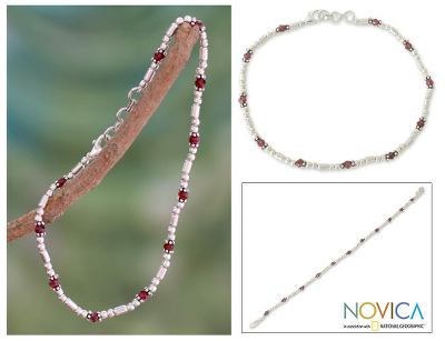 Garnet anklet, 'Red Romance' - Sterling Silver Garnet Anklet Indian Beaded Jewelry