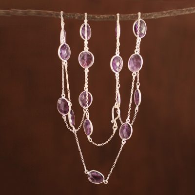 Amethyst long chain necklace, 'Duduma Majesty' - Amethyst Long Necklace with Sterling Silver