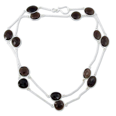 Smoky quartz long chain necklace, 'Duduma Majesty' - Sterling Silver and Smokey Quartz Station Necklace