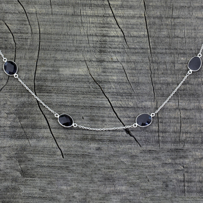 Onyx long chain necklace, 'Duduma Majesty' - Sterling Silver with Onyx Station Necklace from India