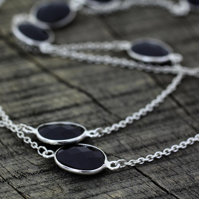 Onyx long chain necklace, 'Duduma Majesty' - Sterling Silver with Onyx Station Necklace from India