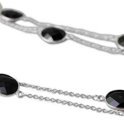 Lange Halskette aus Onyx - Halskette aus Sterlingsilber mit Onyx-Station aus Indien