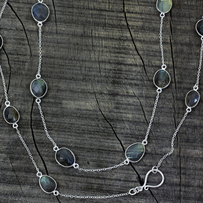 Labradorite long chain necklace, 'Duduma Majesty' - Labradorite and Sterling Silver Necklace Indian jewellery