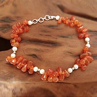 Carnelian and cultured pearl anklet, 'Ginger Glow' - Carnelian and cultured pearl anklet