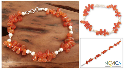 Carnelian and cultured pearl anklet, 'Ginger Glow' - Carnelian and cultured pearl anklet