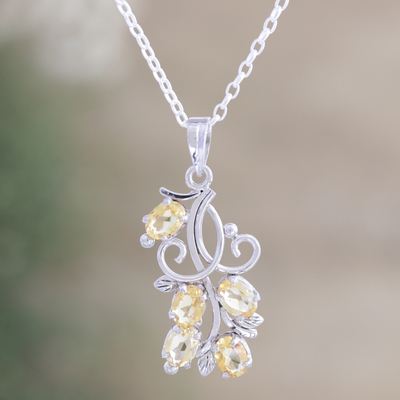 Citrine flower necklace, 'Sundrop Bouquet' -  Citrine Pendant Necklace in Sterling Silver from India