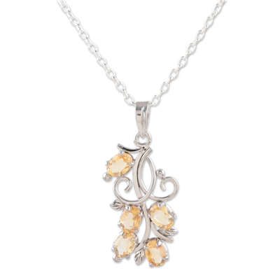 Citrine flower necklace, 'Sundrop Bouquet' -  Citrine Pendant Necklace in Sterling Silver from India