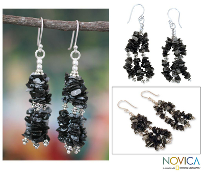 Obsidian waterfall earrings, 'Rejoice' - Indian Obsidian Earrings Hand Made with Sterling Silver 