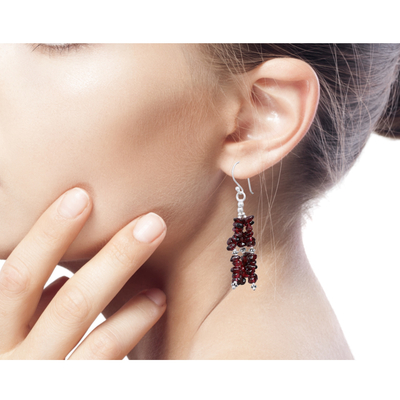Garnet waterfall earrings, 'Rejoice' - Handcrafted Sterling Silver Beaded Garnet Earrings