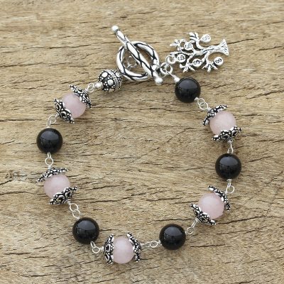 Rose quartz and onyx beaded bracelet, 'Lucky Money Tree' - Sterling Silver Beaded Onyx and Rose Quartz Bracelet