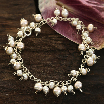 Pearl charm bracelet, 'New Empress' - Charm Bracelet with Pearls and Sterling Silver