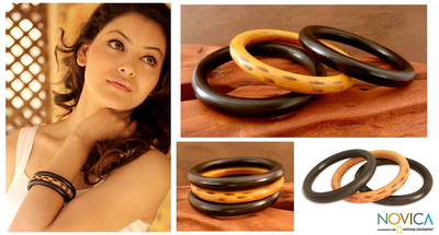 Wood bangle bracelets, 'Exotic Delhi' (set of 3) - Natural Wood Bangle Bracelets (Set of 3)