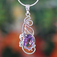 Amethyst pendant necklace, 'Delhi Lilac' - Handcrafted Sterling Silver and Amethyst Pendant from India