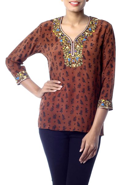 Silk blouse, 'Born in Summer' - Floral Silk Embroidered Tunic Top