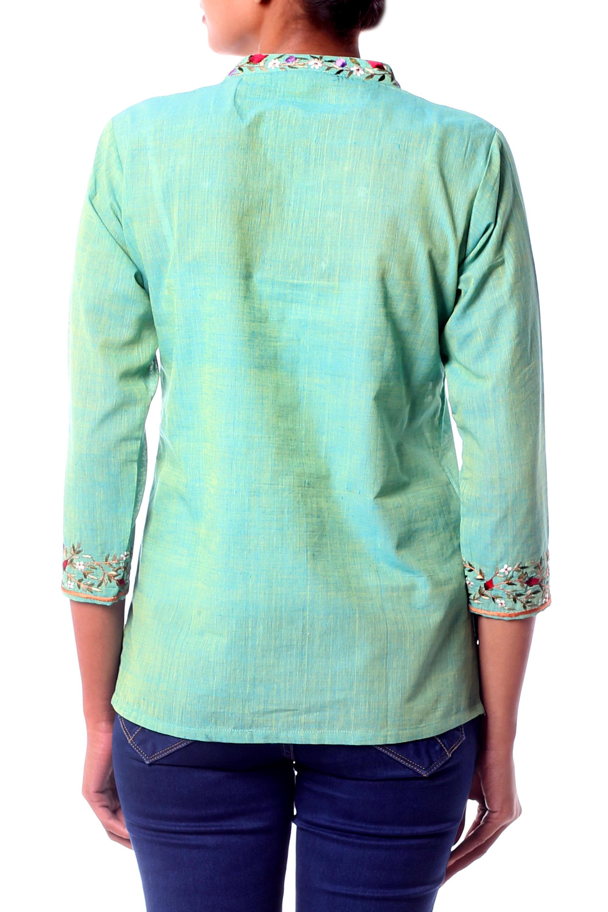 UNICEF Market | Artisan Crafted Floral Cotton Solid Tunic Top - Cool Garden