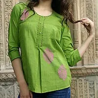 Cotton blouse, 'Gujarati Green' - Indian Embellished Green Cotton Tunic Blouse