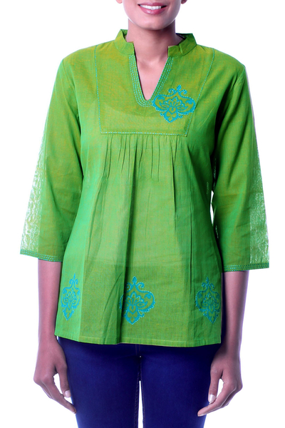 Collectible Women's Cotton Embroidered Blouse Top - Goa Green | NOVICA
