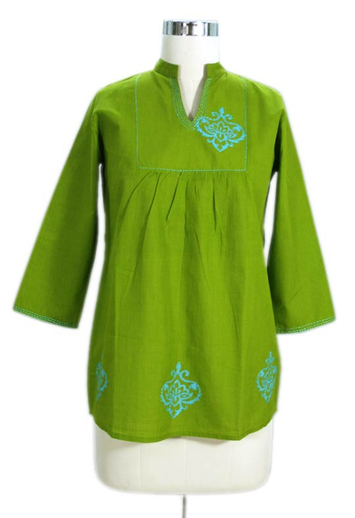 Cotton blouse, 'Goa Green' - Collectible Women's Cotton Embroidered Blouse Top