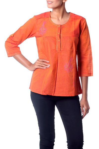 Cotton blouse, 'Rajasthan Sun' - Handcrafted Floral Cotton Blouse Top