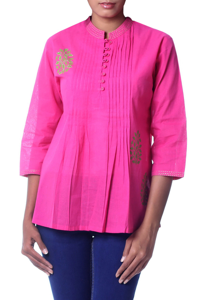 Cotton blouse, 'Bengali Rose' - Fair Trade Cotton Embroidered Blouse Top
