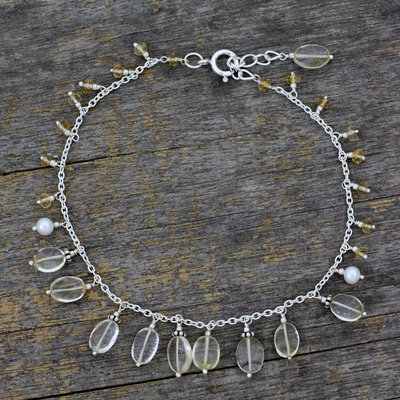Pearl and citrine anklet, 'Light of Kanpur' - Indian Sterling Silver Pearl and Citrine Anklet