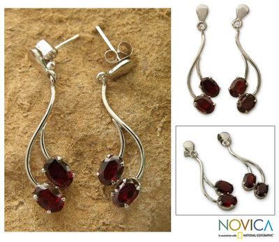 Garnet dangle earrings, 'Sinuous Red' - Sterling Silver and Garnet Earrings