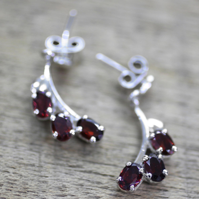 Garnet flower earrings, 'Bright Blossoms' - Sterling Silver and Garnet Earrings Artisan Jewellery