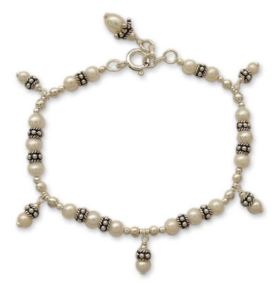 Cultured pearl charm bracelet, 'Forever' - Sterling Silver Beaded Pearl Bracelet