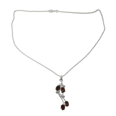 Garnet flower necklace, 'Love Bouquet' - Sterling Silver and Garnet Pendant Necklace