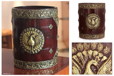 Wood and brass container, 'Golden Peacock' - Wood and brass container