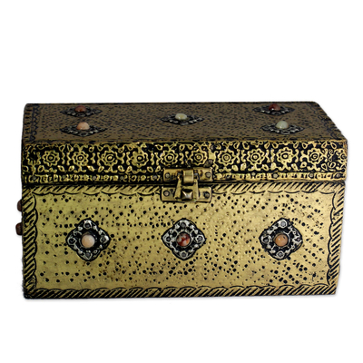 Brass jewelry box, 'Mughal Treasure Chest' - Handcrafted Repousse Brass Jewelry Box