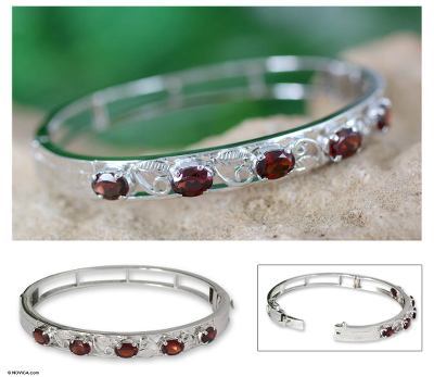 Garnet floral bracelet, 'Blossoming Delhi' - Silver and Garnet Bangle Bracelet