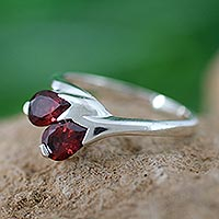 Garnet floral ring, 'Rose of Love' - Artisan Crafted Garnet and Silver Ring