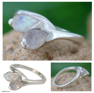 Moonstone floral ring, 'Rose of Passion' - Moonstone and Sterling Silver Ring from India Modern Jewellery