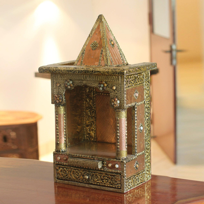 Altar aus Mangoholz - Dekorative Box aus Mangoholz und Messing aus Indien