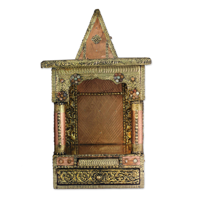 Mango wood altar, 'Temple' - Mango Wood and Brass Decorative Box from India