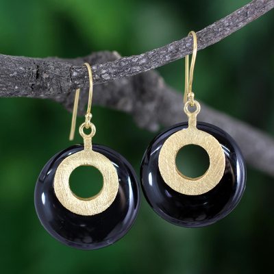 Gold vermeil onyx dangle earrings, 'Skylight' - Gold Vermeil Onyx Dangle Earrings
