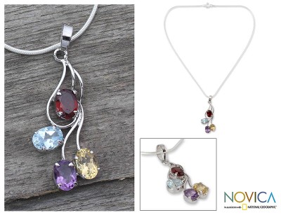Multi-gemstone flower necklace, 'Summer Bouquet' - Citrine and garnet flower necklace