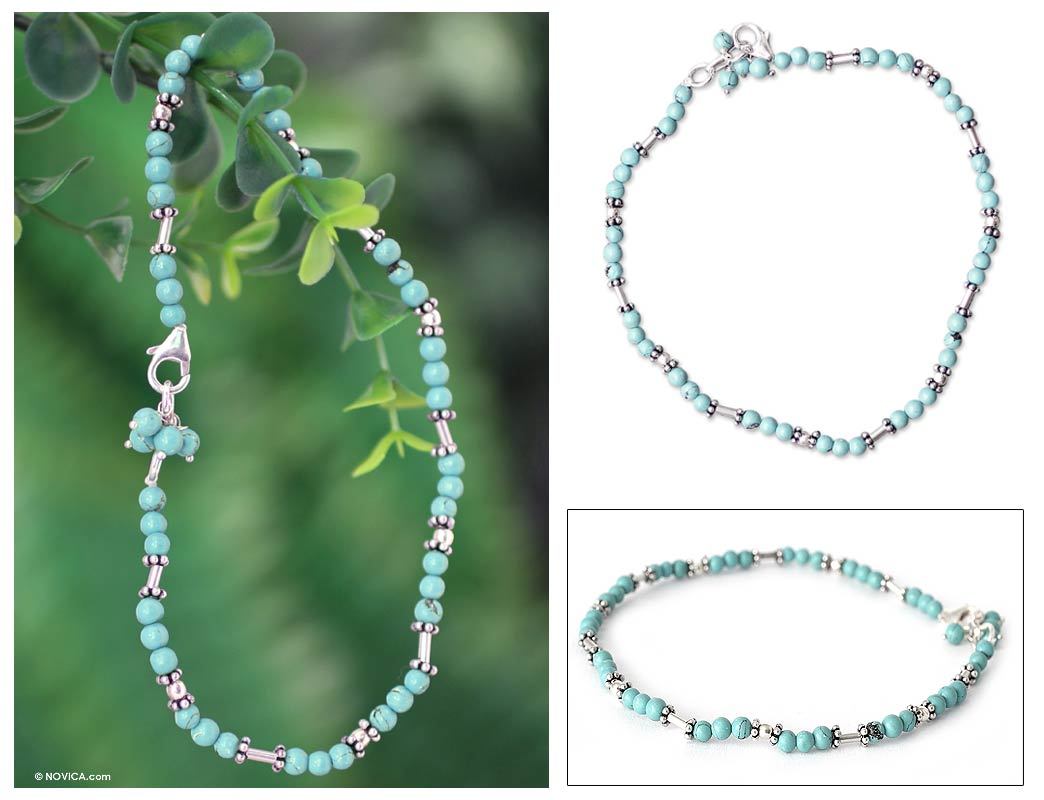 Sterling Silver Beaded Turquoise Colored Anklet Dreams NOVICA