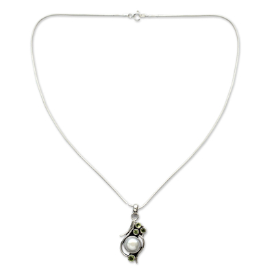 Pearl and peridot pendant necklace, 'Sweet Dreams' - Cultured Pearl Peridot and Sterling Silver Necklace 