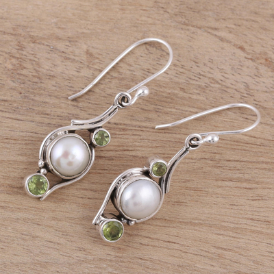 Pearl and peridot dangle earrings, 'Sweet Dreams' - India Style Pearls and Peridot Earrings