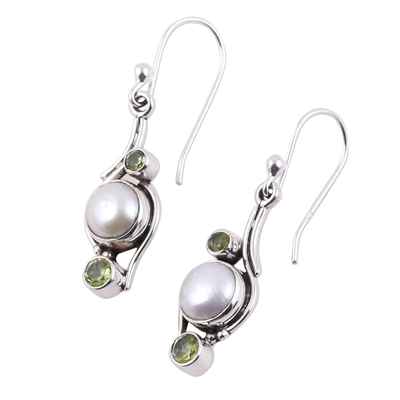 Pearl and peridot dangle earrings, 'Sweet Dreams' - India Style Pearls and Peridot Earrings
