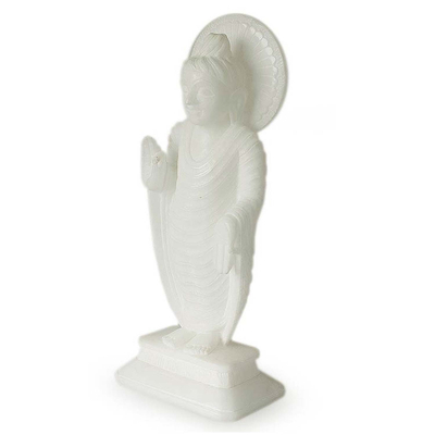 Marble sculpture, 'Buddha's Blessing of Peace' - Buddhism White Marble Sculpture from India