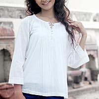 Cotton tunic, 'Mandala White' - Handcrafted Indian Cotton Solid Tunic Top